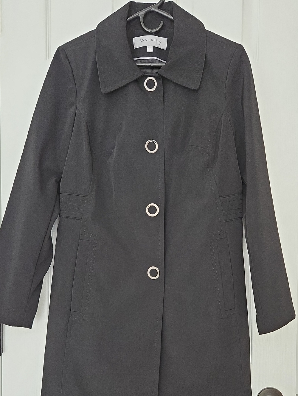 Anne Klein Black Trench Coat with Silver Ring Buttons -NWOT